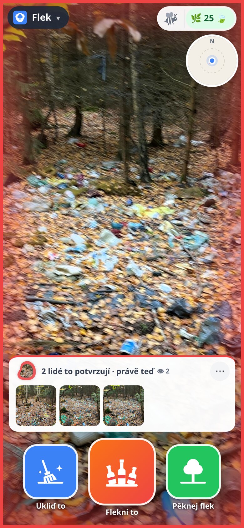 Flek v telefonu u velkého fleku v lese